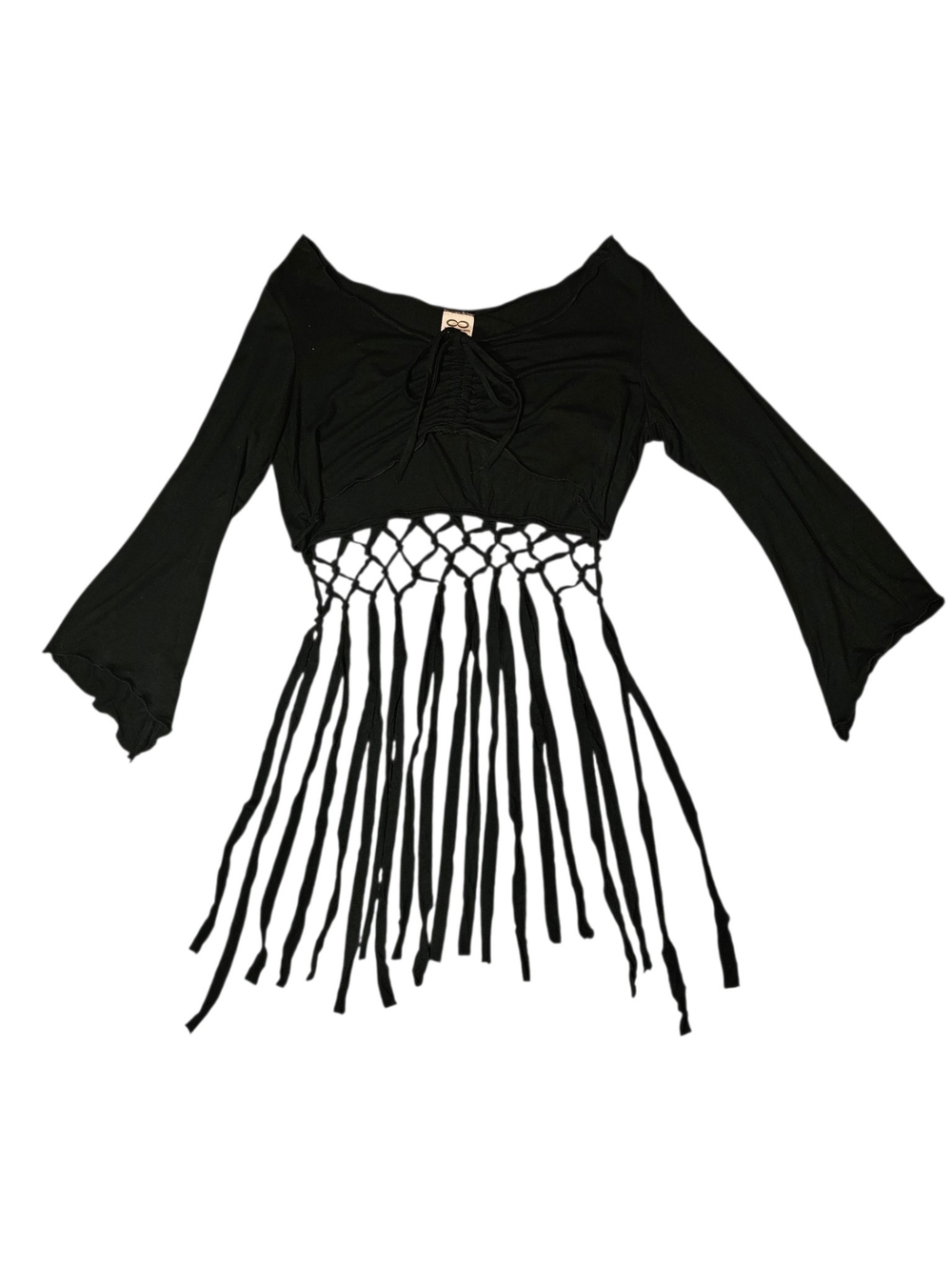 ​Bolli Imports NWT Black Macrame Fringe Back Bell Sleeve Crop Top
